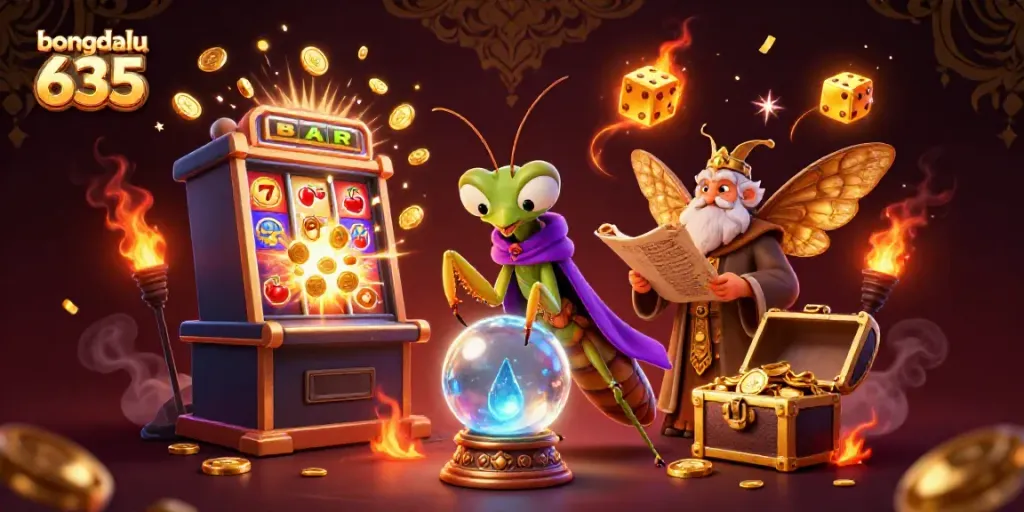 Experience thrilling action with bongdalu 635 featuring celebratory slot machine and magical characters in a vibrant setting.