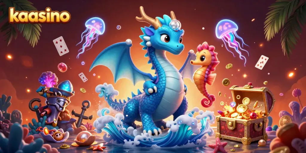 Kaasino captivates gamers with a festive underwater scene filled with dynamic characters and vibrant casino elements.