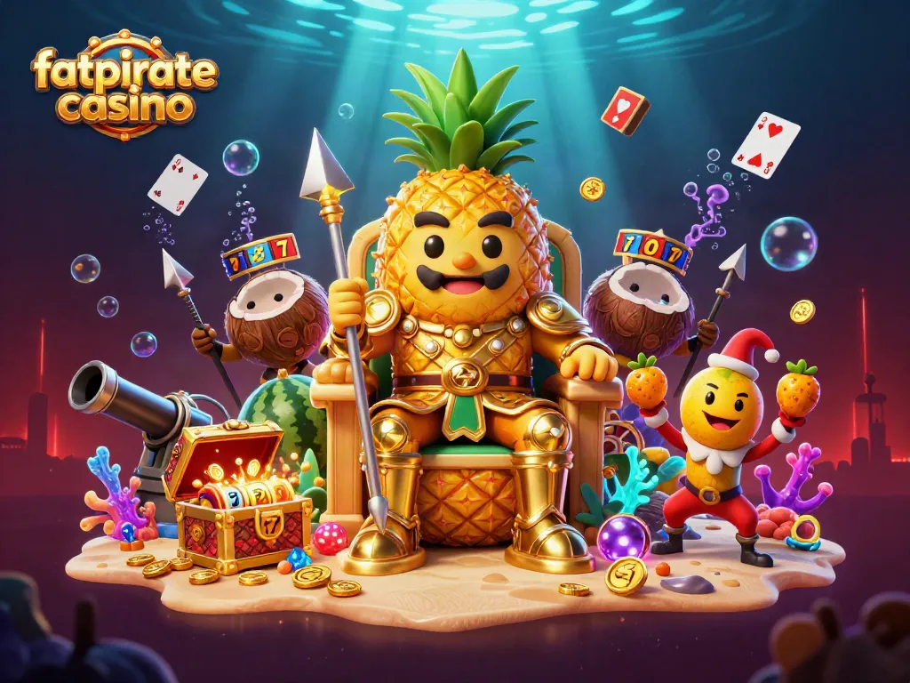 Experience the vibrant action of fatpirate casino with golden coins, jester juggling, and tropical themes.