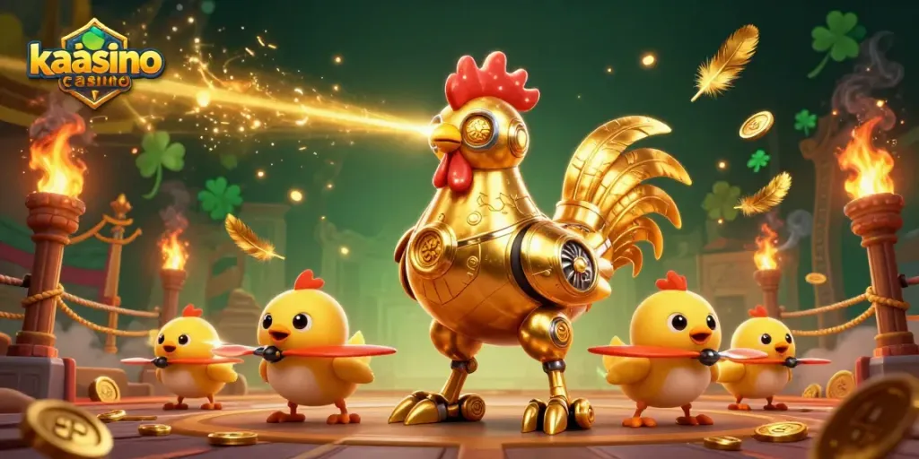 Kaasino casino features a vintage-inspired golden rooster robot with baby chick drones in a vibrant gambling arena scene.