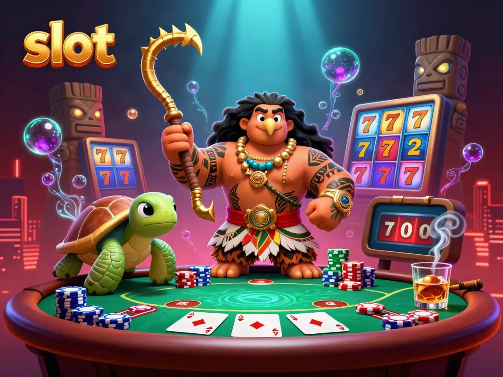 Spin the slot reels with vibrant Polynesian-themed characters and poker elements in this dynamic casino scene.