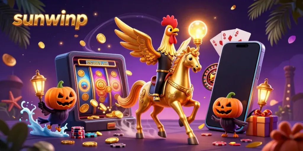 Engage with sunwinp at the vibrant casino scene with colorful slots and dynamic gaming elements.