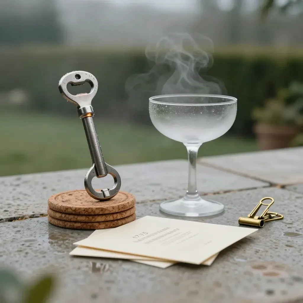 Borrelspullen op steen in dawnlicht: opener, coasters, kaartjes, clip en coupeglas.