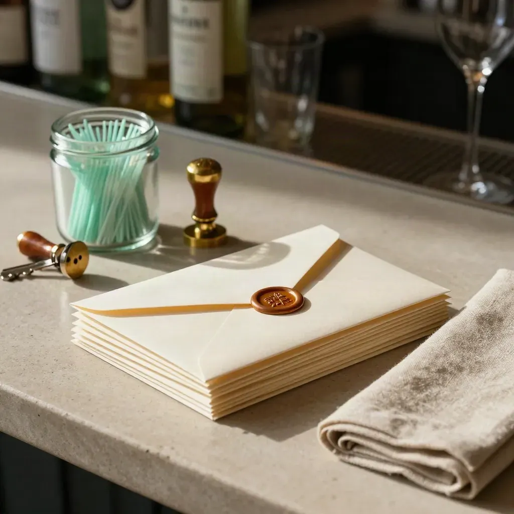 Bovenaanzicht van uitnodigingsenveloppen, een lakstempel, cocktailprikkers en een linnen servet op de bar.