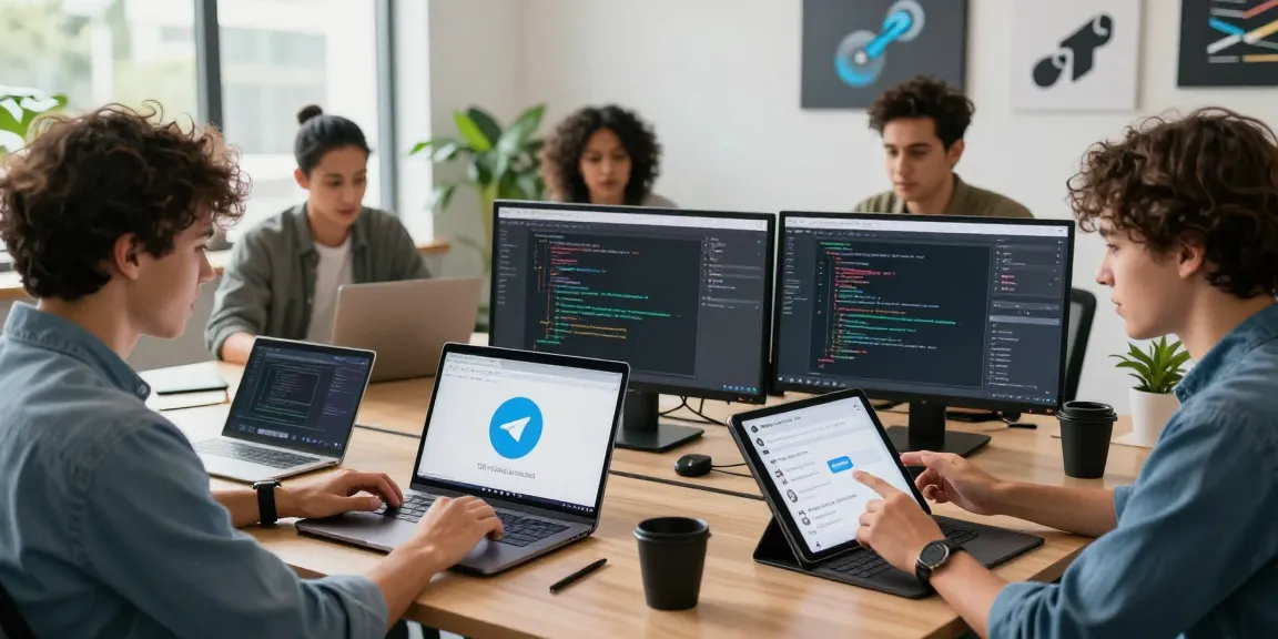 Download Telegram on multiple devices in a collaborative workspace with professionals engaged and using various screens.