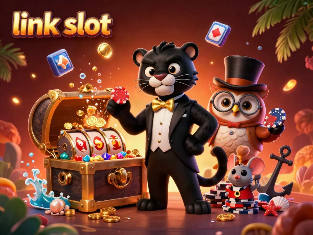 Experience thrilling action at link slot with stylish characters and slot machine elements amidst vibrant backgrounds.