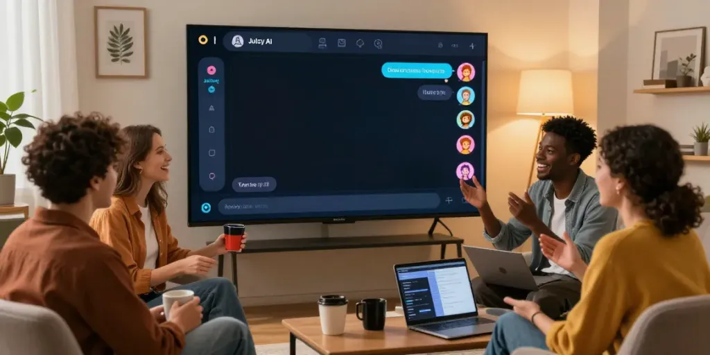 Friends enjoying engaging conversations using juicy ai in a cozy living room.