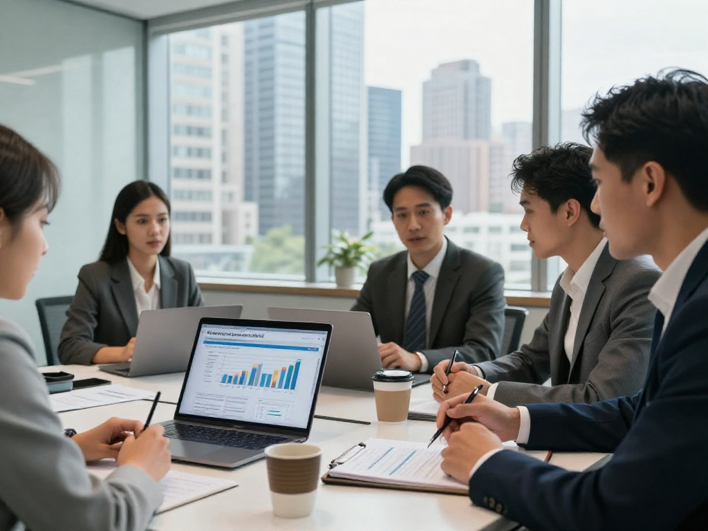 Zakelijk krediet discussie tussen financiële adviseurs in een moderne kantooruimte.
