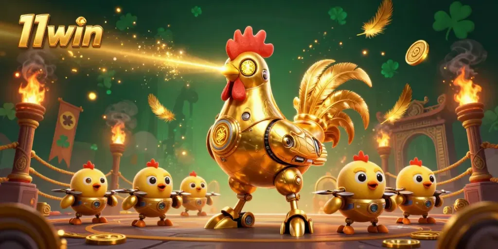 Experience immersive gaming action at 11win with a dynamic 3D illustration depicting a futuristic rooster robot in a casino setting.