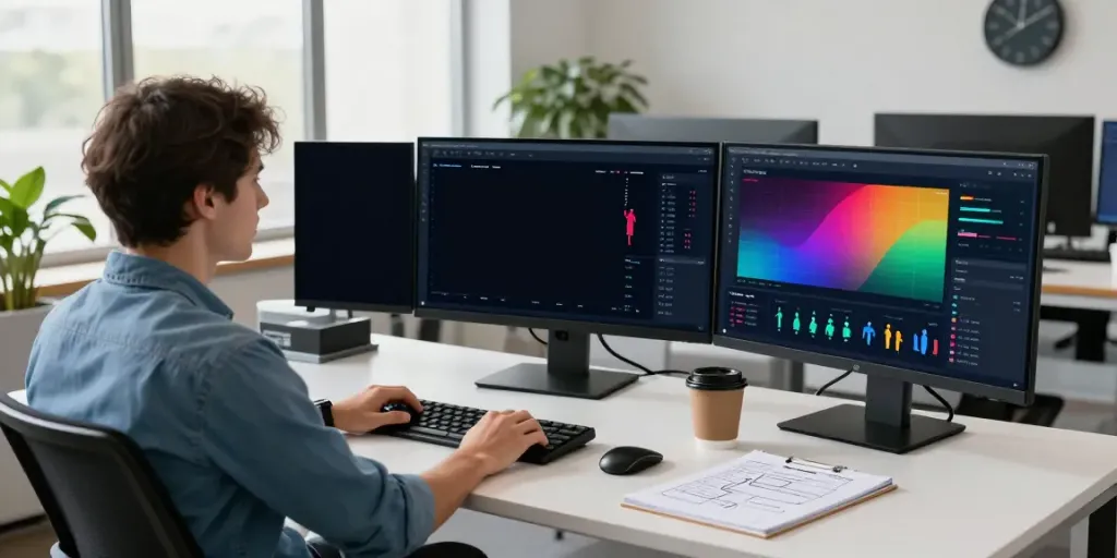Data analyst using Trackbase to analyze player statistics in a modern workspace.