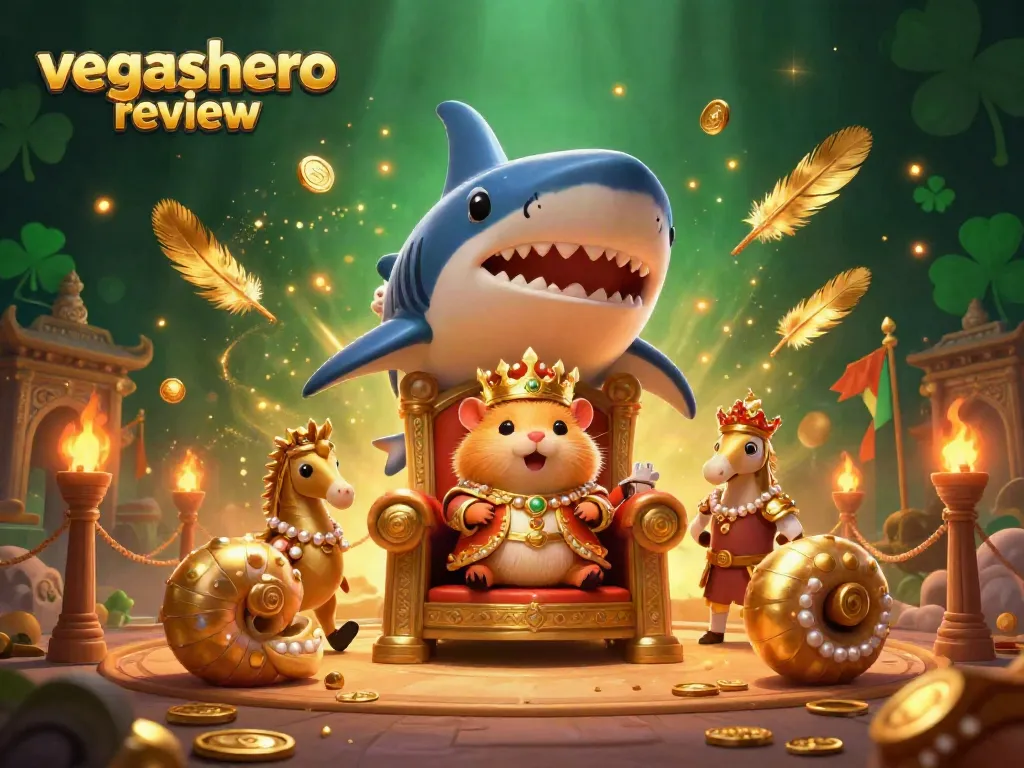 Experience the vibrant excitement of VegasHero review with a dynamic casino scene featuring a golden hamster king.