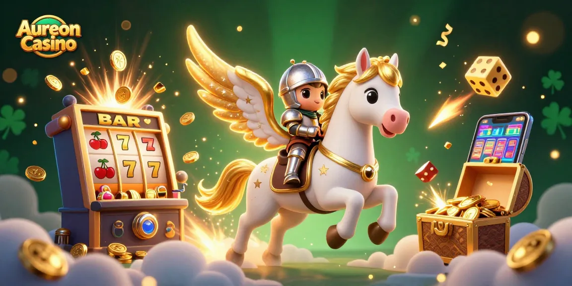 Aureon Casino showcases an engaging 3D scene with a knight on a celestial horse, bursting slot machines, and dynamic game elements.